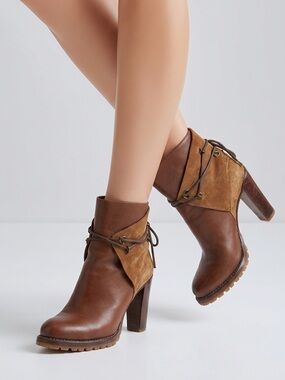 Sartore Brown Leather and Tan Suede Lace-Up High Heel Ankle Boots